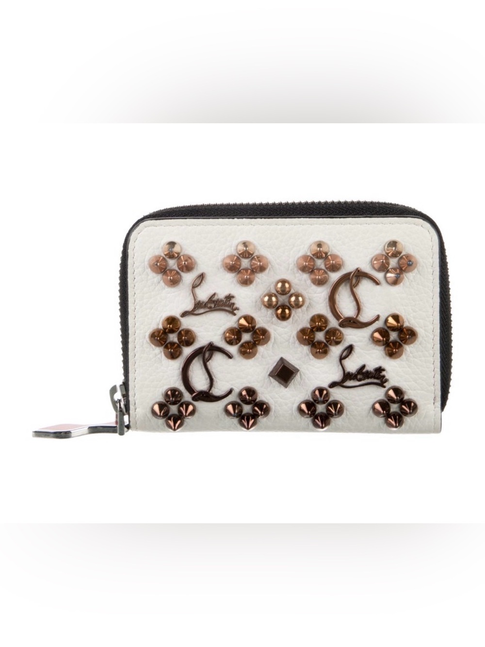Christian Louboutin White Zip Card Holder with Rose-Gold Studs